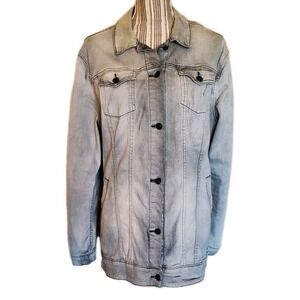 LulaRoe Women's XL Stretch Denim Button Down Jacket Shacket Distressed Blue